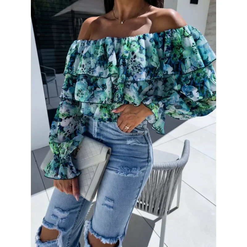 Camicia Casual da donna primavera/estate Sexy con spalle scoperte camicia stampata moda a maniche lunghe camicia da donna festa di festa