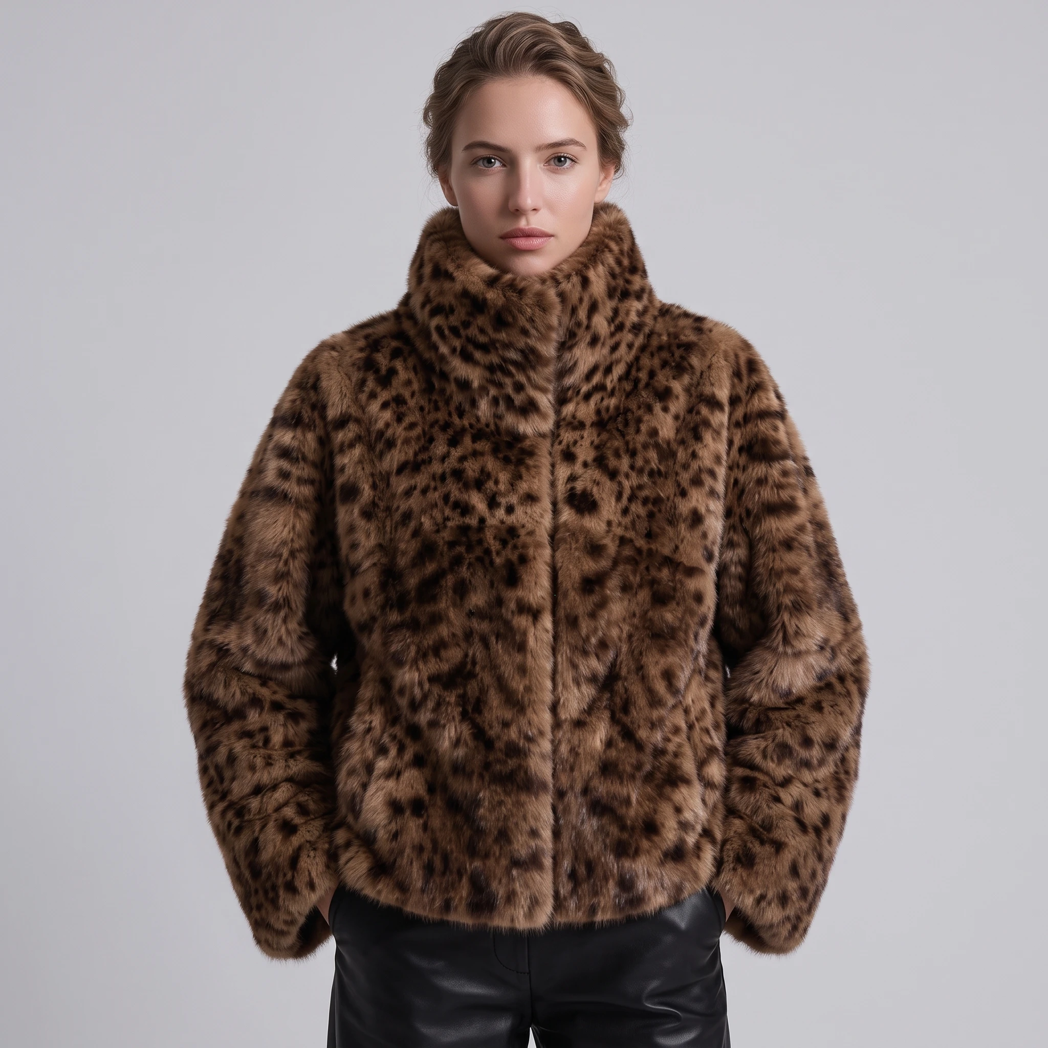 IG Women Leopard Spotted Faux Fur Large Foldover Stand Collar Cropped Jacket, Long Sleeve Winter Warm Vintage Street Outerwear