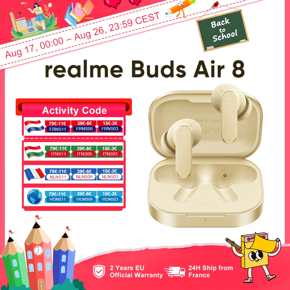 Auricolari Bluetooth realme Buds Air 8 per realme 16 Pro plus realme GT 8 Pro, auricolari con assistente AI, 55dB, 58 ore di autonomia.