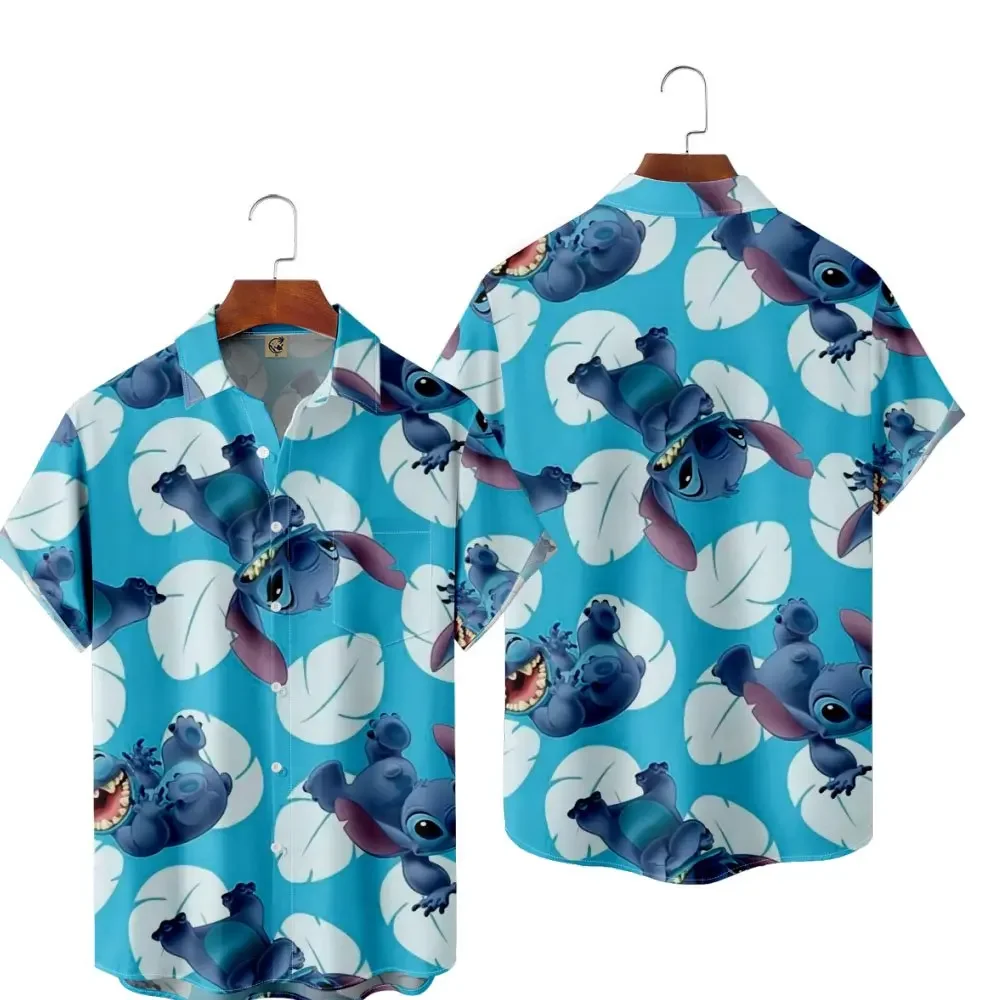 Disney Stitch camisas havaianas, manga curta, blusa de férias casual, tops de verão, 2024