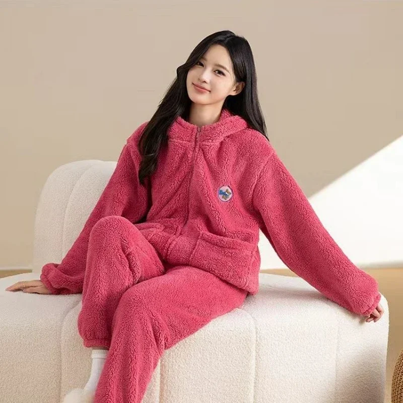 Winter Pajamas Thick Coral Velvet Loose Hooded Can Be Worn Outside The Home Clothes Zipper Warm Coat Girl Student  Cuteness 2024