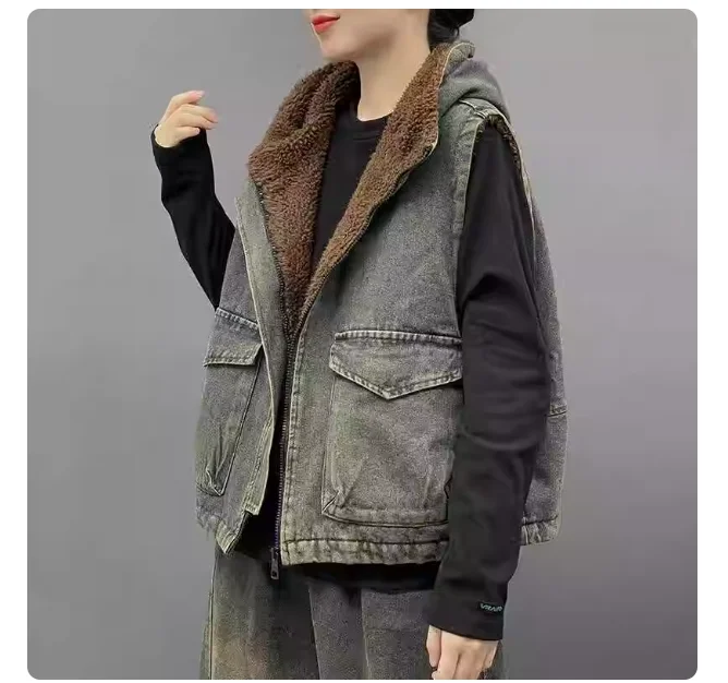 

Джинсовый жилет из овечьей шерсти с капюшоном, женский осенне-зимний потертый старый бархатный утолщенный жилет в стиле ретро, куртка