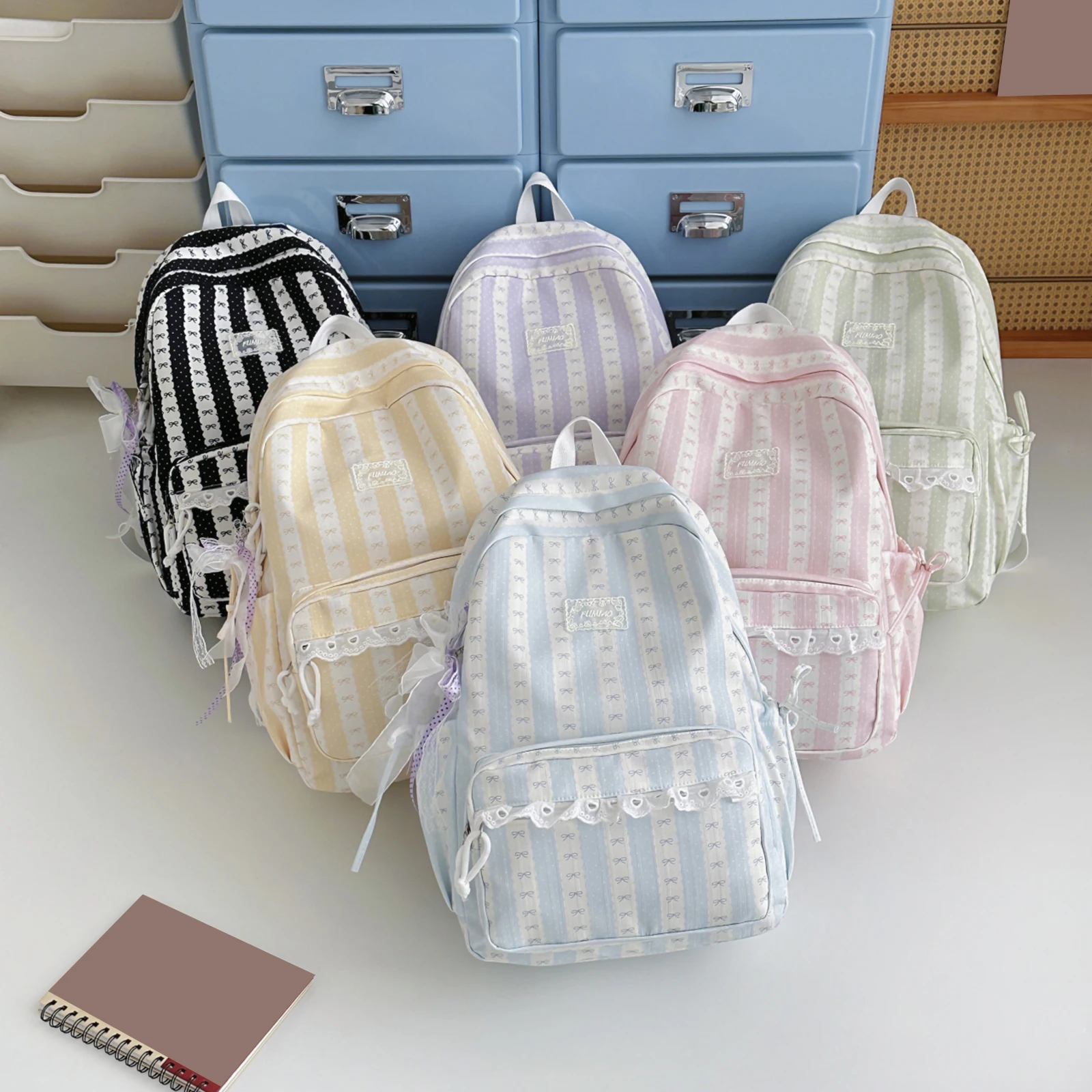 Women Nylon Stylish Strip Backpacks Multi-Pocket Sweet Bow Printed Knapsack Wide Shoulder Strap Travel Shopping Date Backpacks