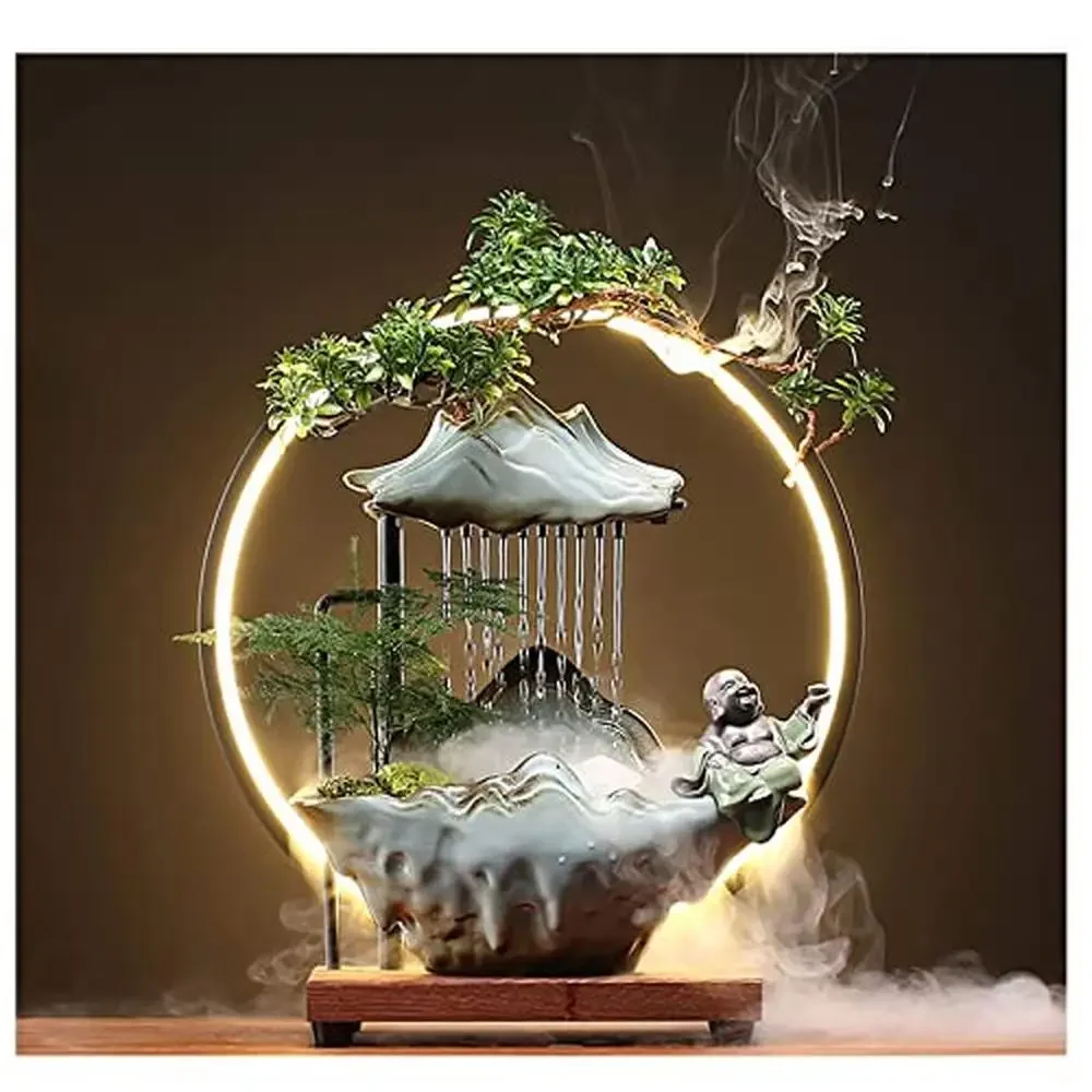 Fuente de agua de Buda de cerámica para interiores, LED, 2 nebulios de Buddhas, soporte de incienso de reflujo, mesa Feng Shui, 13,8 "x 5,5" x 15 ", agua ligera