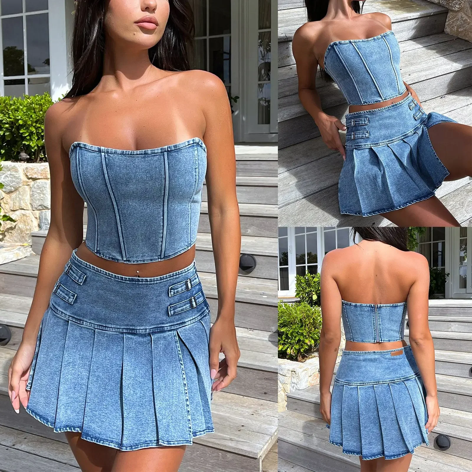 Summer Denim Women's Set Sleeveless Strapless Top + Pleated Skirts Suit 2024 Two 2 Piece Sets Beach Party Street Outfits