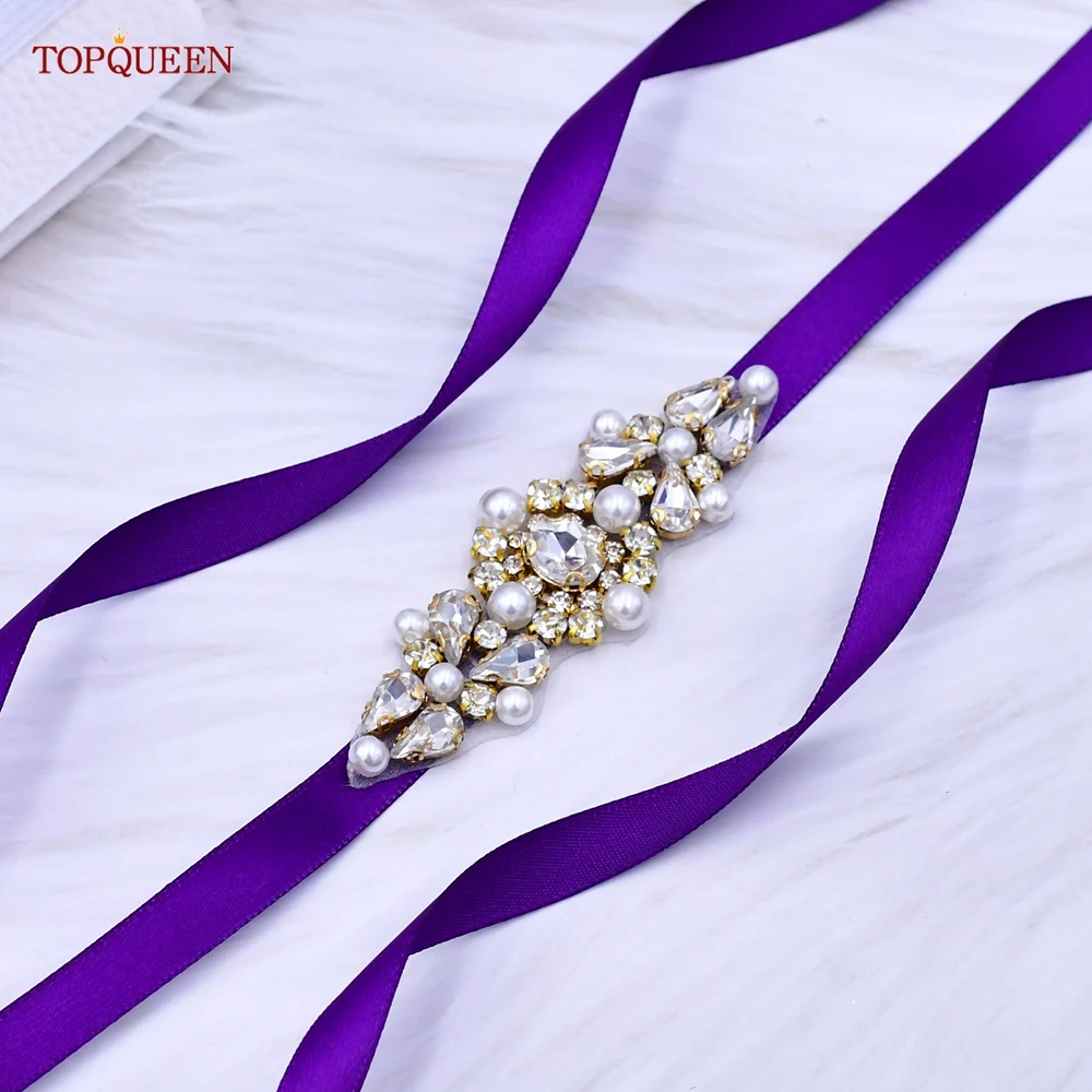 TOPQUEEN S52 New Style Pearl Belt Simple Gold Rhinestone Beaded Applique Bride Bridesmaid Wedding Accessories Women'S Dress Sash