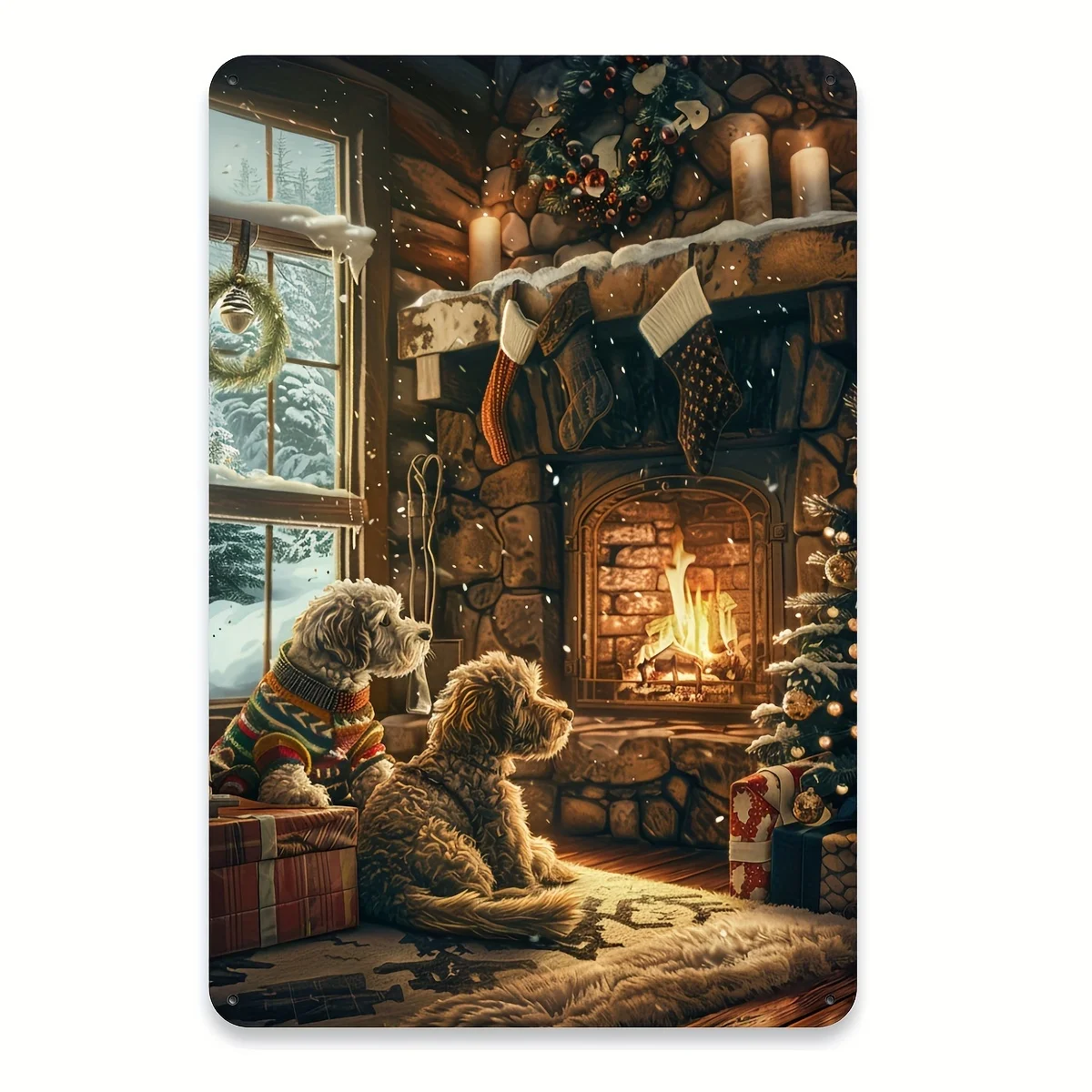Vintage Dog by Christmas Fireplace Metal Tin Sign - Perfect for Home, Garden, or Bedroom Wall Decor | Durable Iron, Easy to Hang