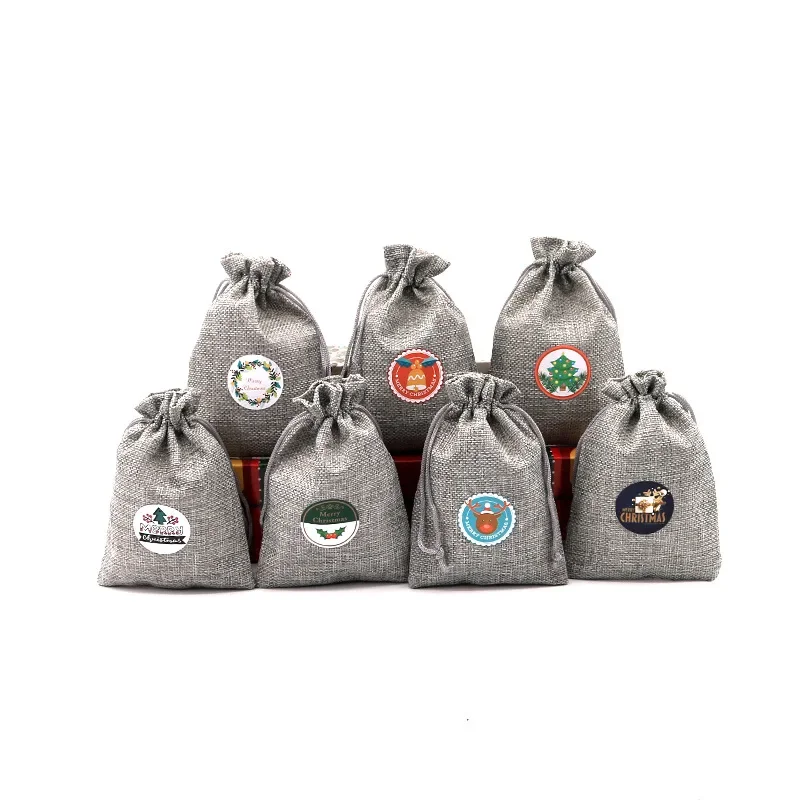 13x18cm 1set Christmas Gift Drawstring Linen Bags There Are 10m Hemp Rope 24clips 24stickers Christmas Decoration Accessories