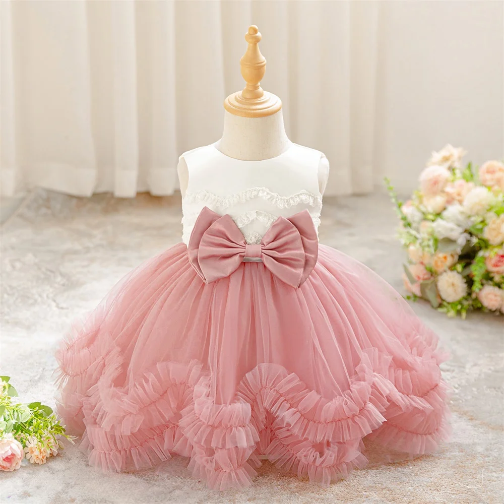 

Baby Girls Party Dress Toddler Lace White 1st Birthday Baptism Wedding Princess Dress for Kids Girl Luxury Bow Layered Prom Gown