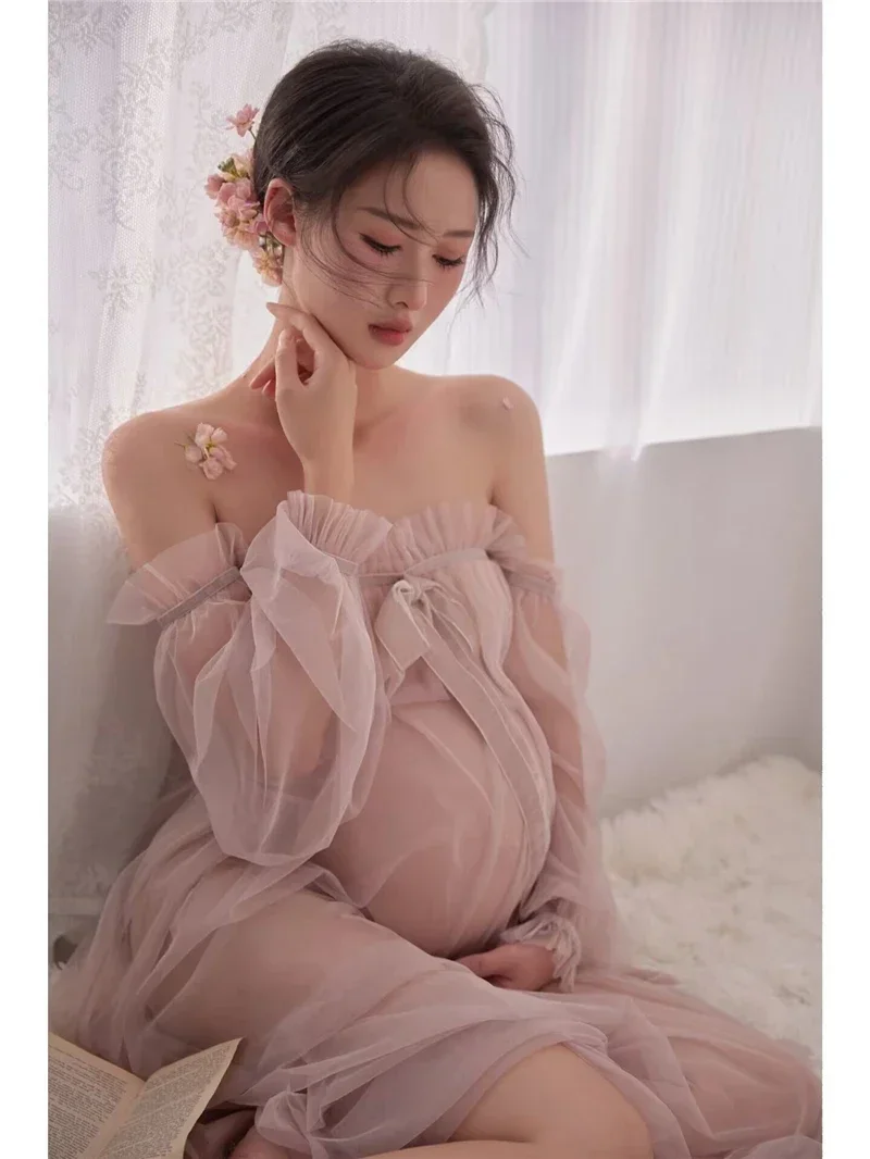 Women Photography Props Maternity Dresses Pink Mesh Perspective Pregnancy Dress Studio Shoot Photoshoot Photo Clothes