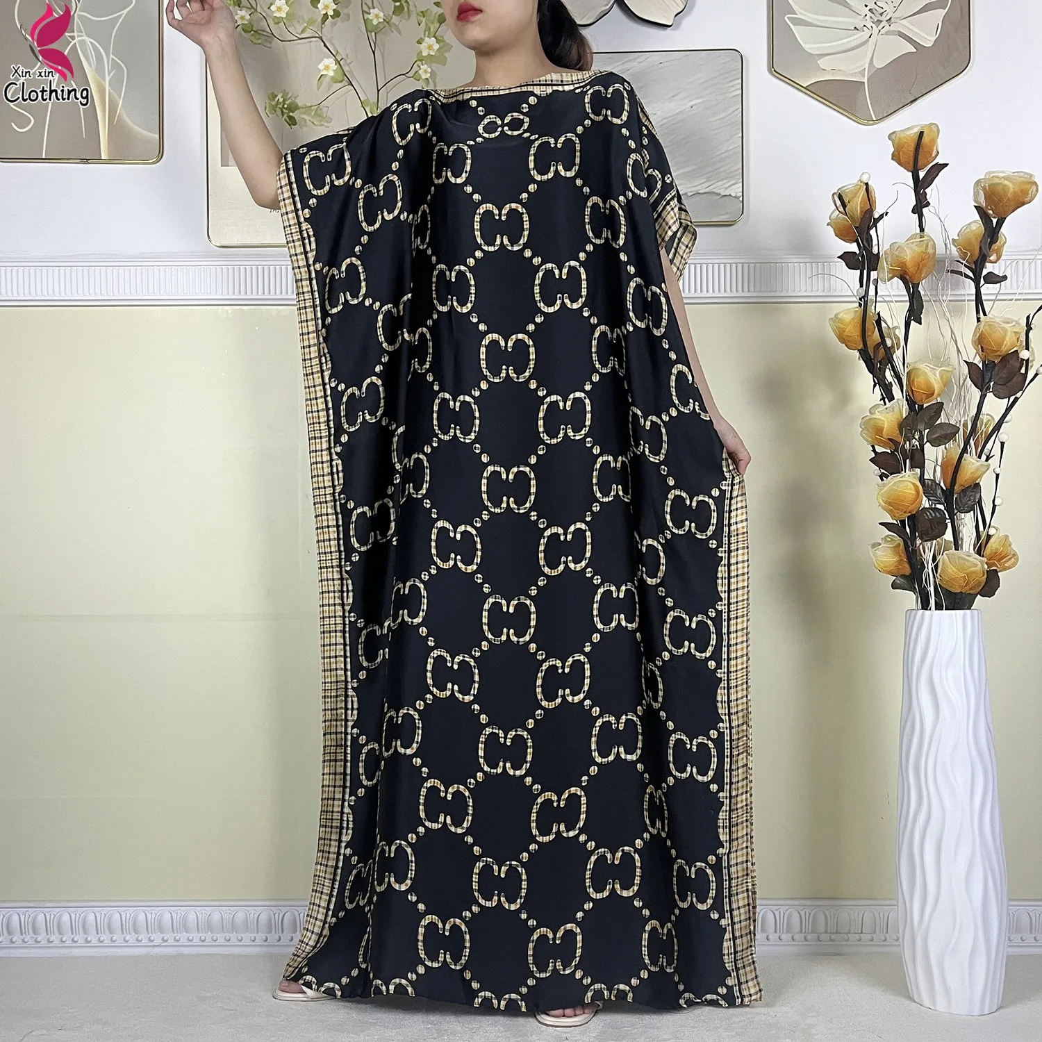 New Style Summer Soft Silk African Women Clothing Dubai Muslim Dashiki Kaftan Fashion Print Design With Scarf Loose Beach Dress