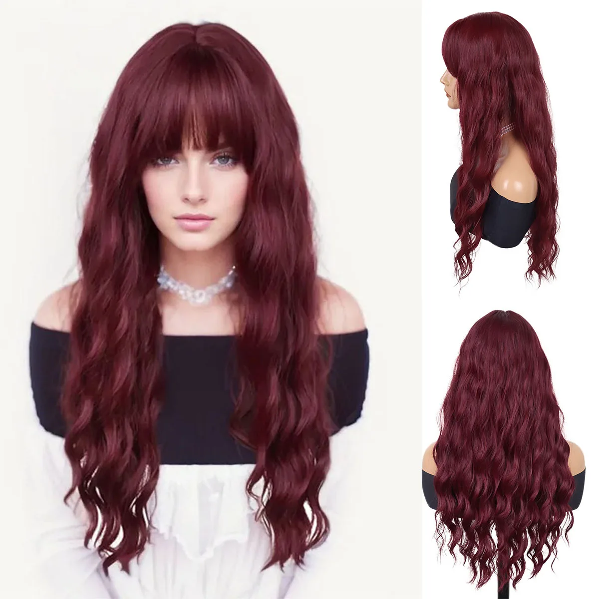 

Synthetic Auburn Halloween Costume Wigs for White Women Long Water Wavy Wig with Bangs Cosplay Masquerade Party Heat Resistant