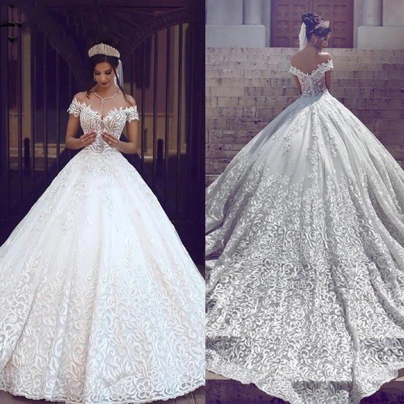 Robe de mariée de luxe arabe dubaï, tenue de bal, en dentelle, avec Appliques, longue traîne