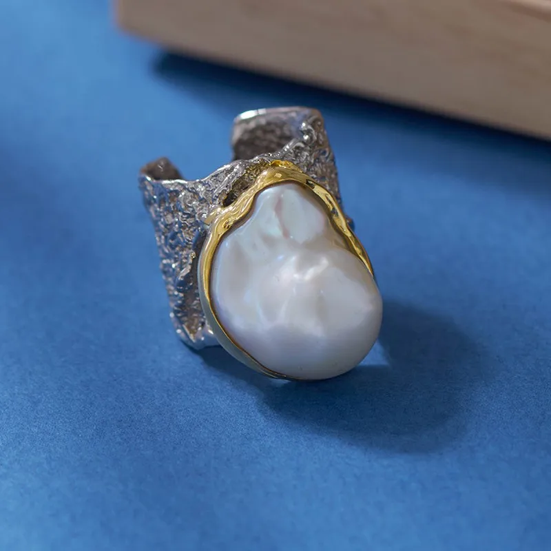 BOCAI S925 Silver Charms Rings for Women New Fashion Baroque Freshwater Pearl Contrast Colors Exaggerated Jewelry Wholesale