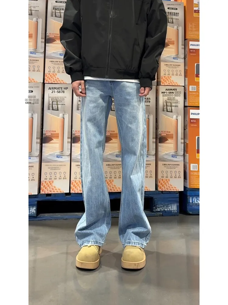 

Мужские джинсы-клеш с узором «Молния» цвета ледяной синевы, весенне-осенние, в американском уличном стиле, зауженные прямые широкие брюки
