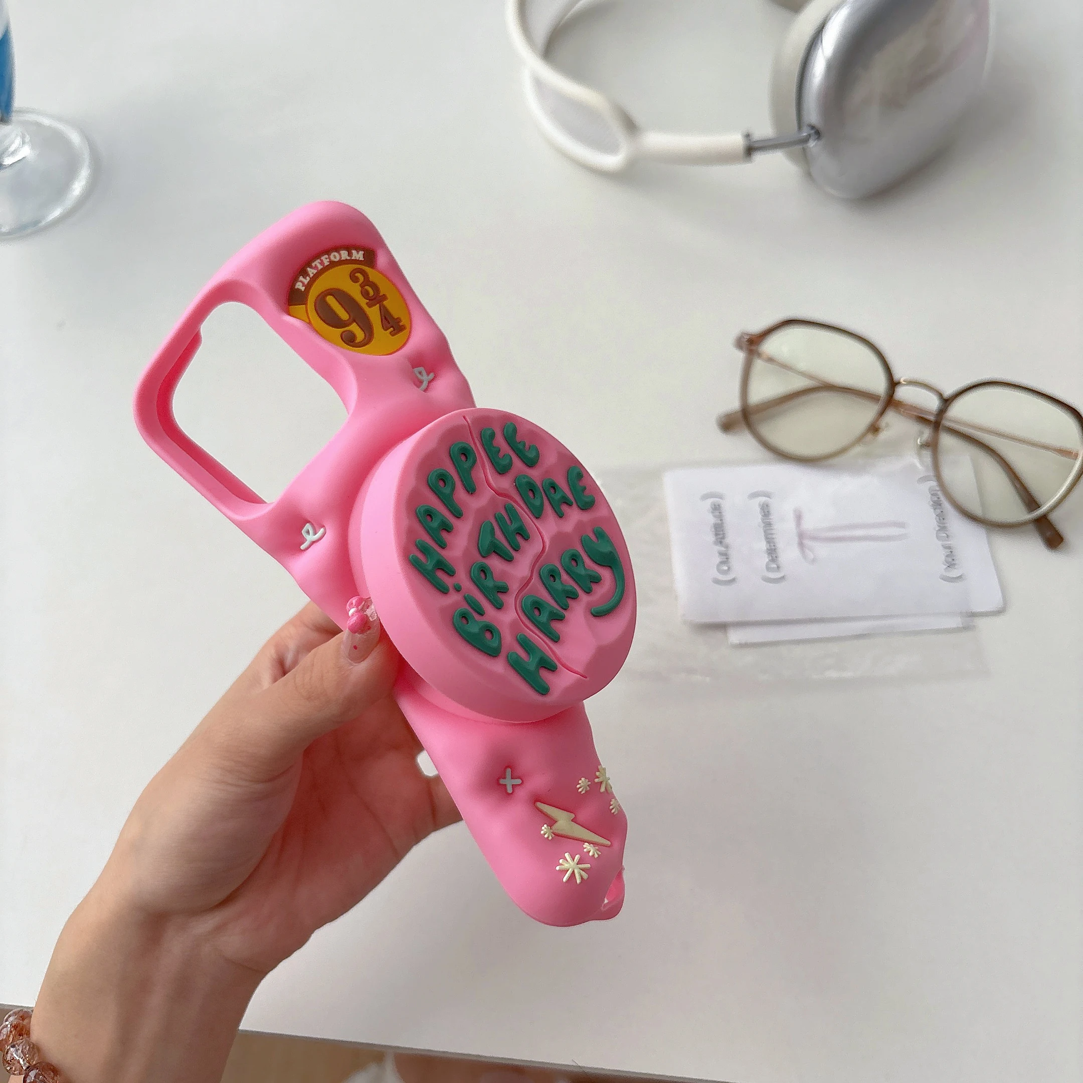 3D 핑크 폰 케이스, 투명 텔레스코픽 홀더 소프트 실리콘 스탠드 백 커버, 아이폰 12 13 14 15 16 Pro Max용, 충격 방지