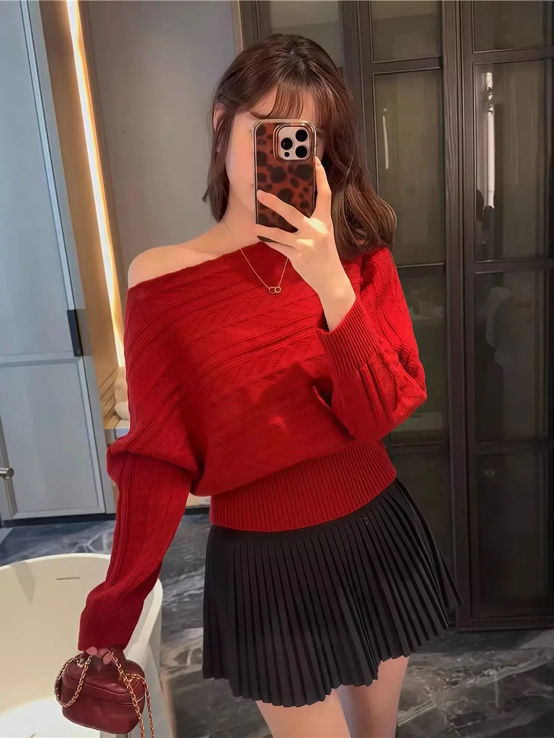 Haut court tricoté rouge pour femme, vêtement d'intérieur, amincissant, torsadé, couche de Base tendance, irt, pour les déplacements, automne et hiver