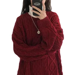 Herbst Winter Frauen Rot Pullover Lose Vintage Twist Jumper Lange Ärmel Stricken Outwear Tops Koreanische Adrette Oansatz Pullover