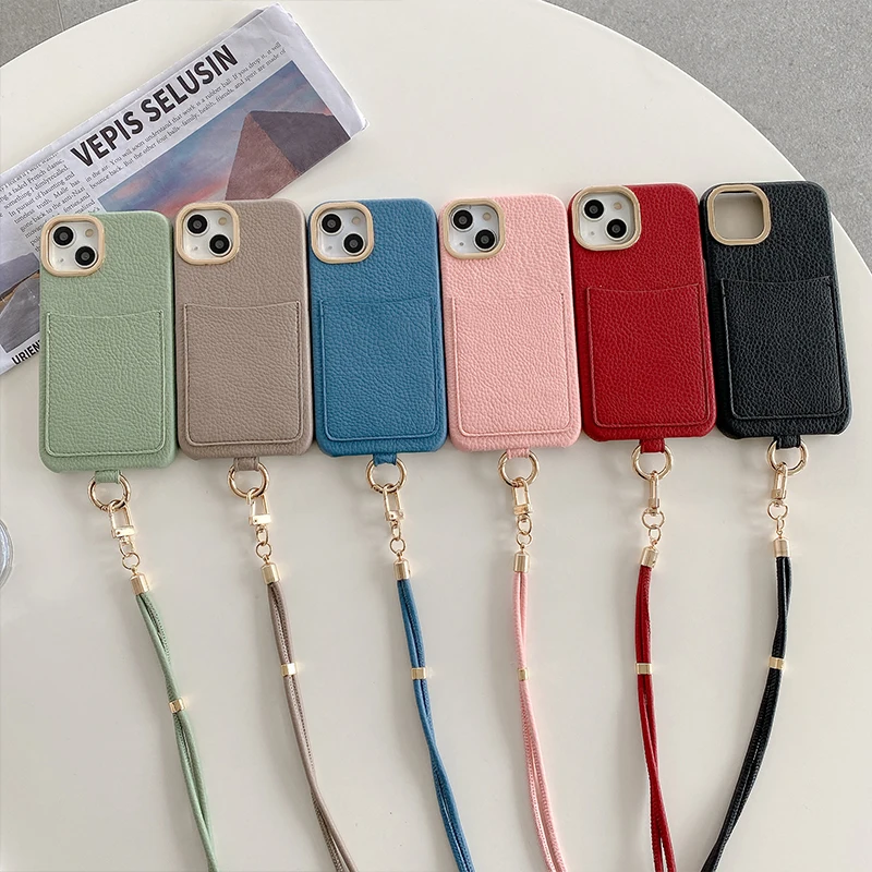 Leather Phone Case for iPhone 15 14 13 12 11ProMax 14 15Plus Crossbody CardHolder Lanyard New Cover