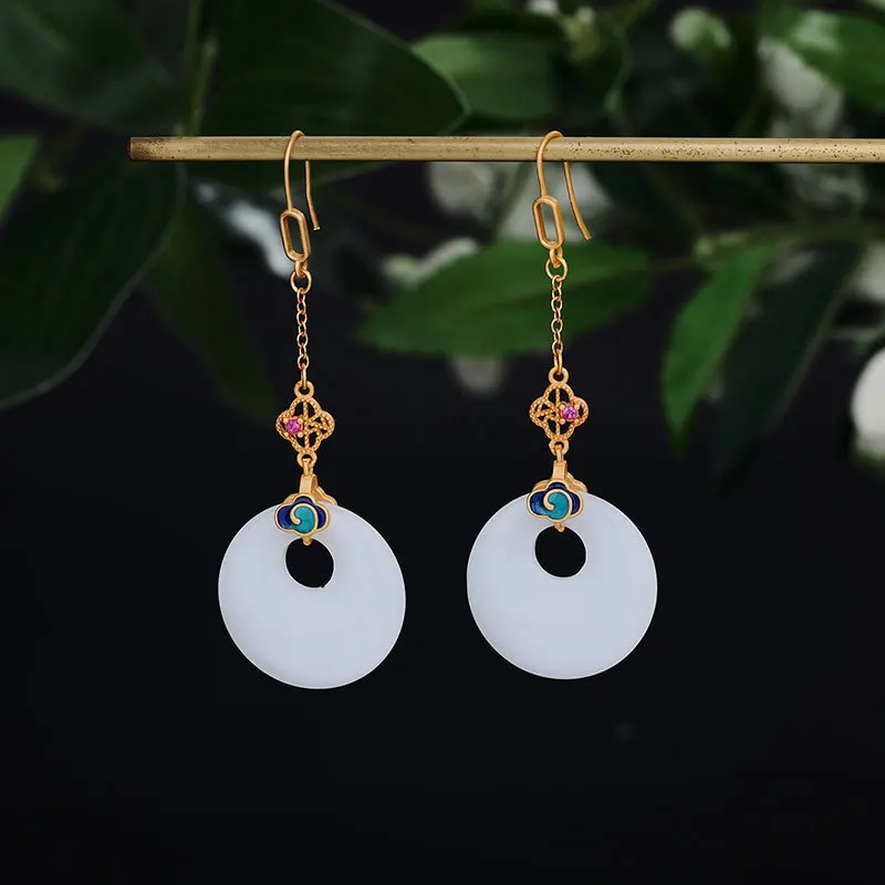 New in Natural Hotan White Jade round tassel earrings for women court style auspicious clouds enamel exquisite chain jewelry