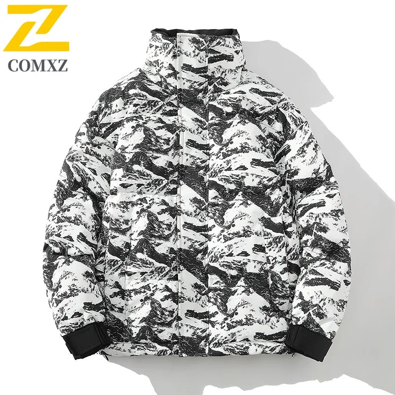 COMXZ 2025 Winter American Streetwear Men's Trendy Hooded Down Coat Thickened Warm Parka Jacket