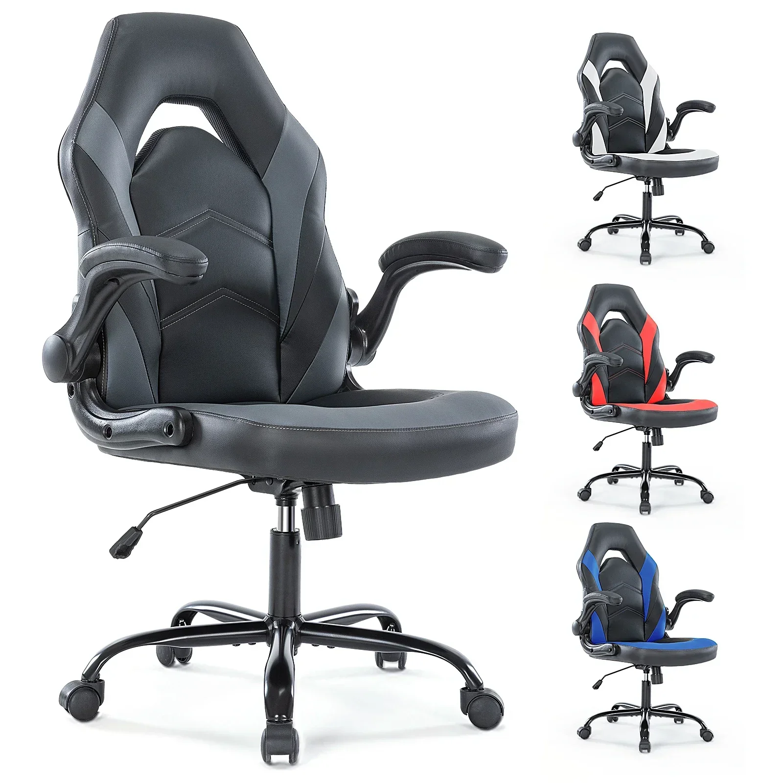 For Ergonomic Office Computer Home Gaming Desk Chair Adjustable PU Leather Racing Chair Flip-up