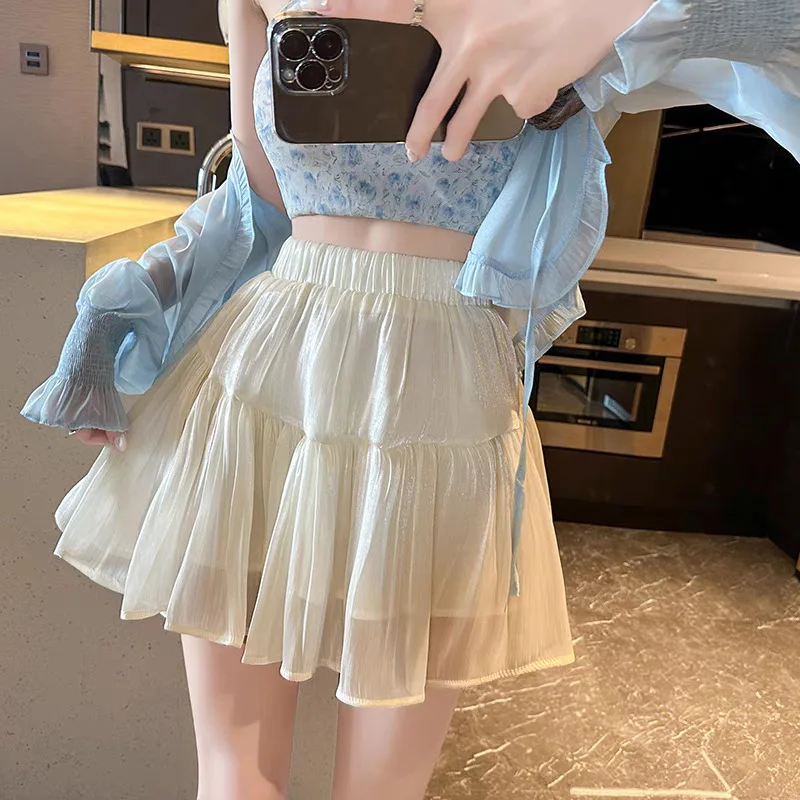 

Sweet Summer New Style Fairy Tale Shiny Satin Full Skirt Women's Puffy Gored Short Skirt Slimming High Waist Color Vers...