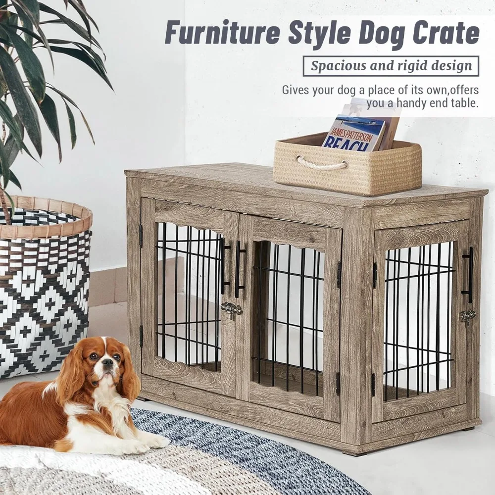 Dog Crate Furniture with Bed, Wooden Dog Kennel Furniture End Table with 3 Doors, Indoor Solid Wood Dog Cage Double-Door