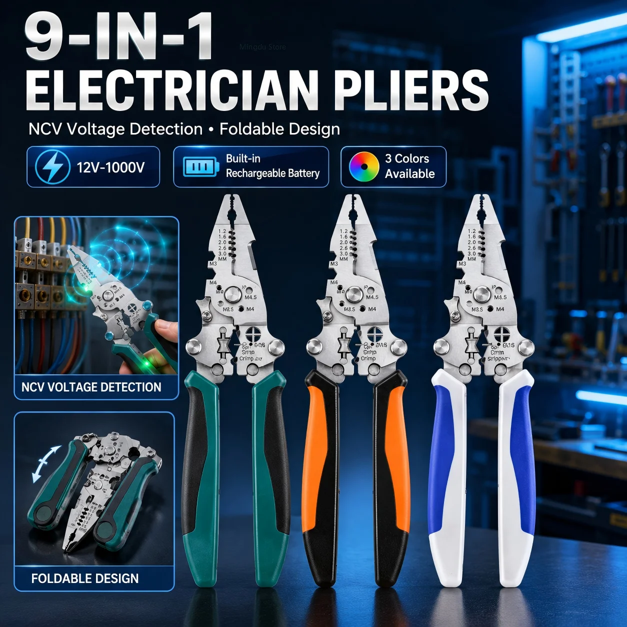 9-in-1 Electrician Pliers Wire Stripper Crimper Cutter with NCV Voltage Detection Built-in LED Rechargeable Foldable Hand Tool
