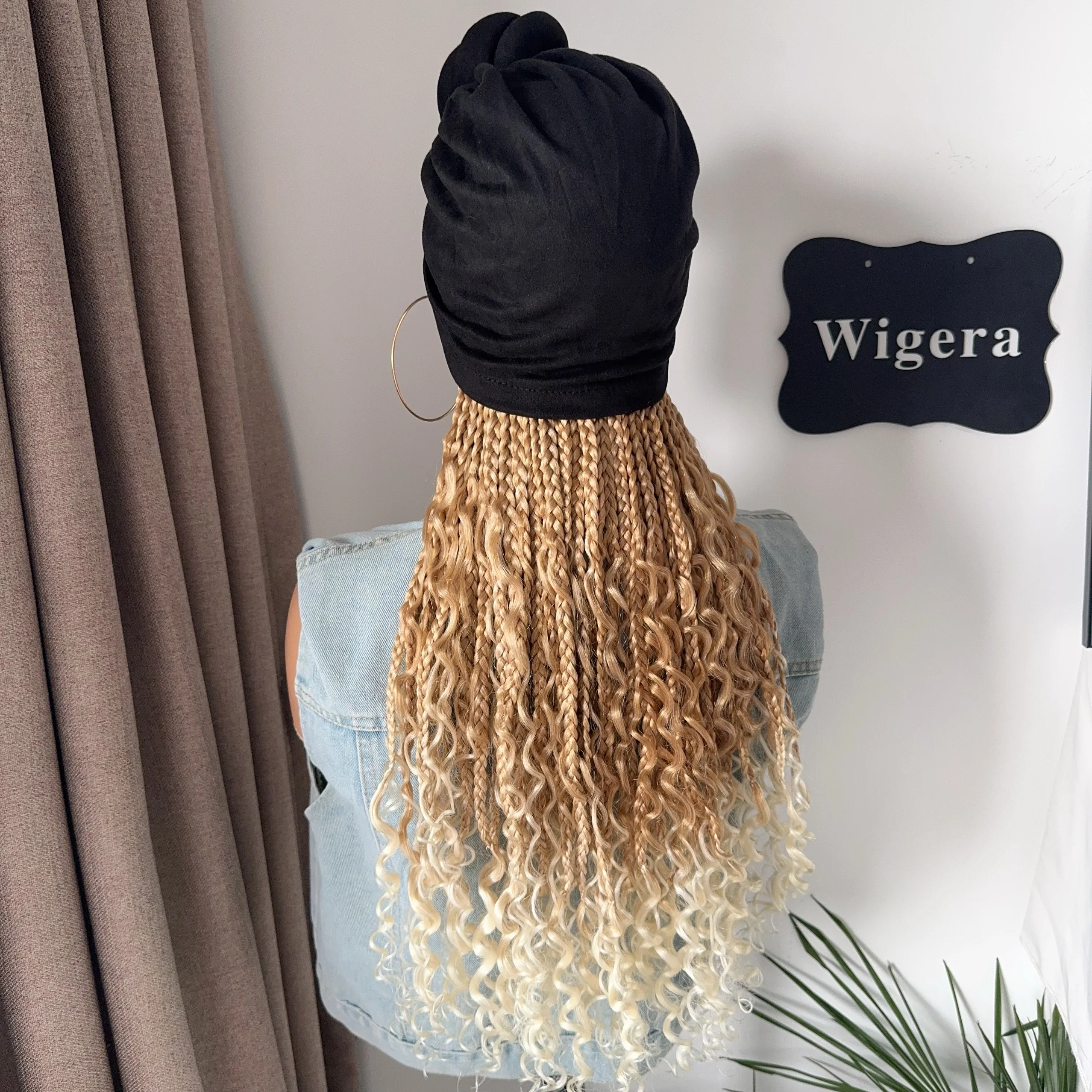 WIGERA Ombre  Honey Blonde 613# Boho Box Braided Synthetic Headband Wig With Turban Hat Braiding Hair Extensions For Black Women