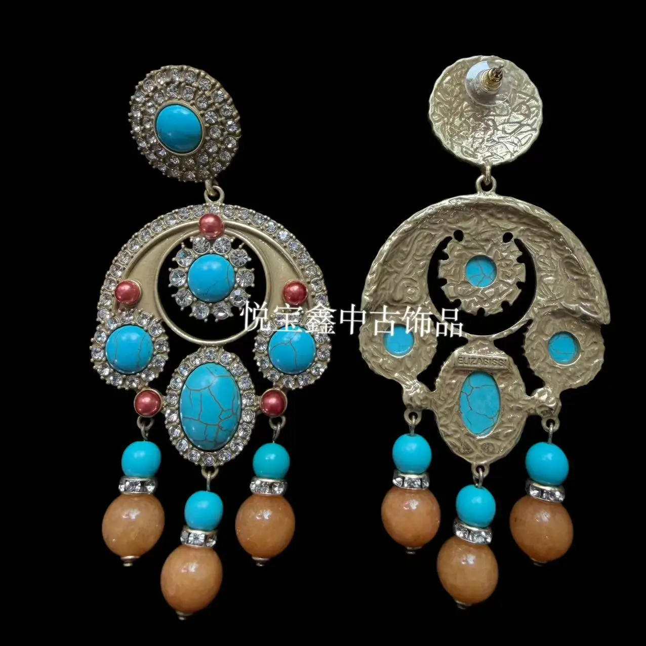 Retro Imitation Turquoise Opal ear stud ethic Exotic stud Earrings  Relief Diamond statement Earrings for Women