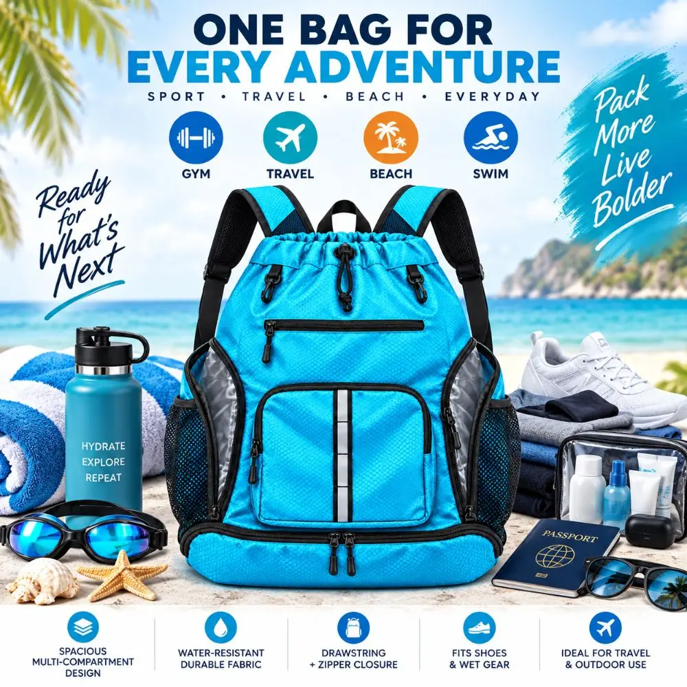 Water Resistant Beach Backpack Shoe Compartment Detachable Mesh Bag Drawstring Sports Pack Wet-Proof Pockets Adjustable Straps
