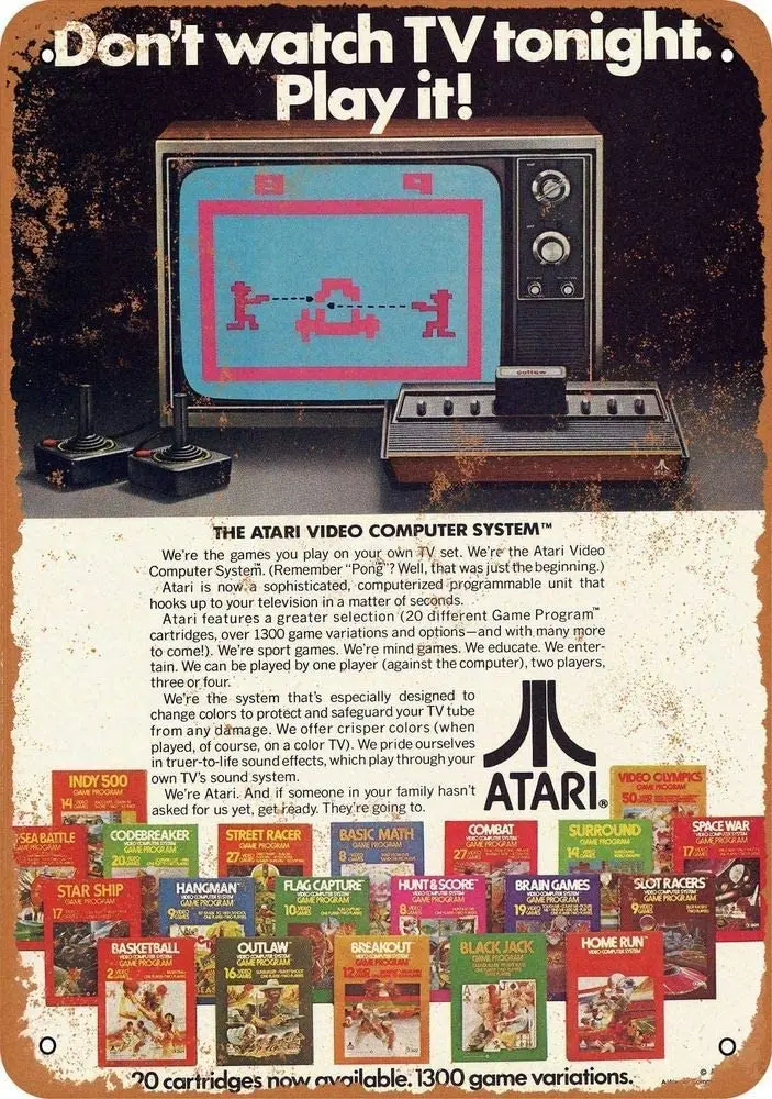 Atari 2600 Tron gra wideo Ad Vintage Retro Vintage metalowe tabliczki nowość tablica dekoracyjna dekoracje ścienne akcesoria prezenty