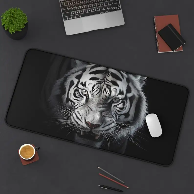 

White Tiger Table Pad, Asian Tiger Mouse Pad XXL,Non-Slip Feline Art Game Mousepad,Wildcat Desktop Decoration for Work and Play