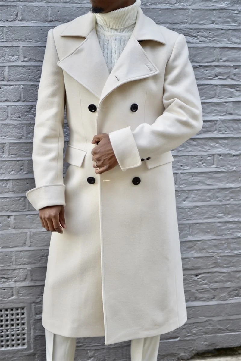 สีขาว Cashmere ชุดสูบบุหรี่ยาว Overcoat Custom Made อย่างเป็นทางการขนสัตว์ Double Breast ธุรกิจหนา King เสื้อชุด