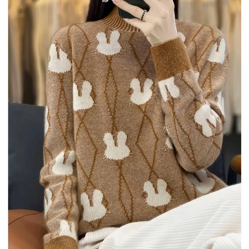 Autumn and Winter Fashion Trend Colored Rabbit Pattern Half High Neck Thickened Loose Versatile Western Women\'s Knitted Sweater