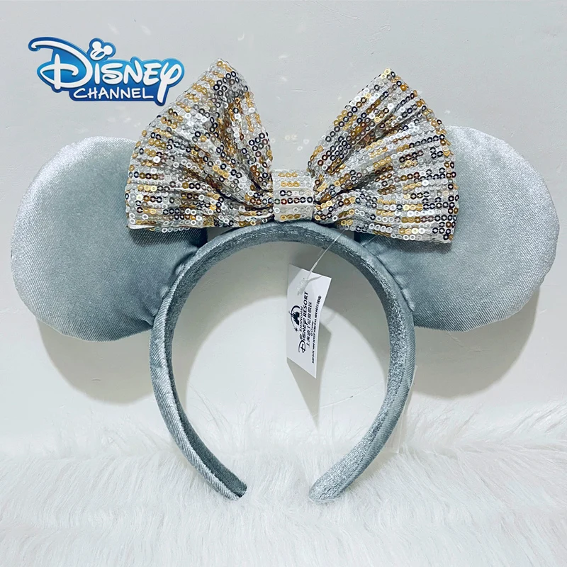 Disney Silver Silk Headband Cartoon Minnie Sequins Mickey Ear Children/Adults Plush Headband Hair Accessories Headwear