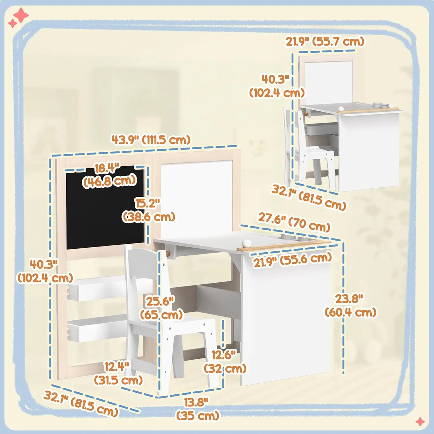 ชุดโต๊ะและเก้าอี้เด็ก ชุดโต๊ะและเก้าอี้ศิลปะสําหรับเด็ก 3 in 1 พร้อมชั้นวางของ กระดานดํา ไวท์บอร์ดและม้วน