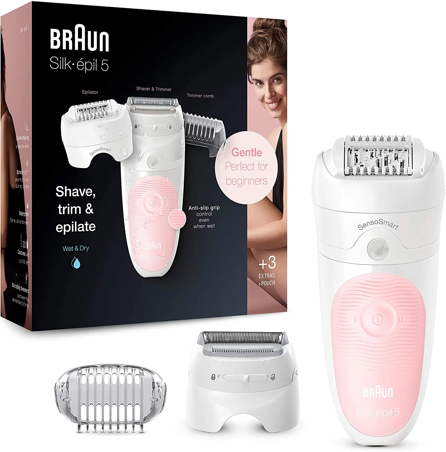 Braun Silk Epilation SensoSmart Wireless Wet Dry Use, Pink facial epilator bodysuit women\'s home care hair removal device