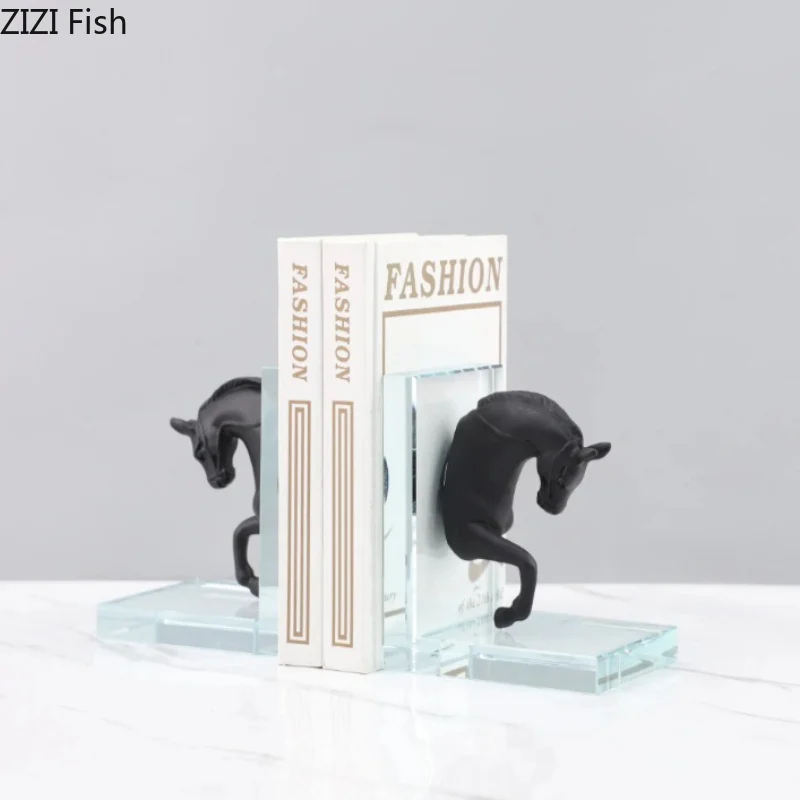 Resin Horsehead Crystal Bookshelf Book Stand 2-piece Set Ornament Bookend Book Storage Rack Home Organizing Rack Home Shelf
