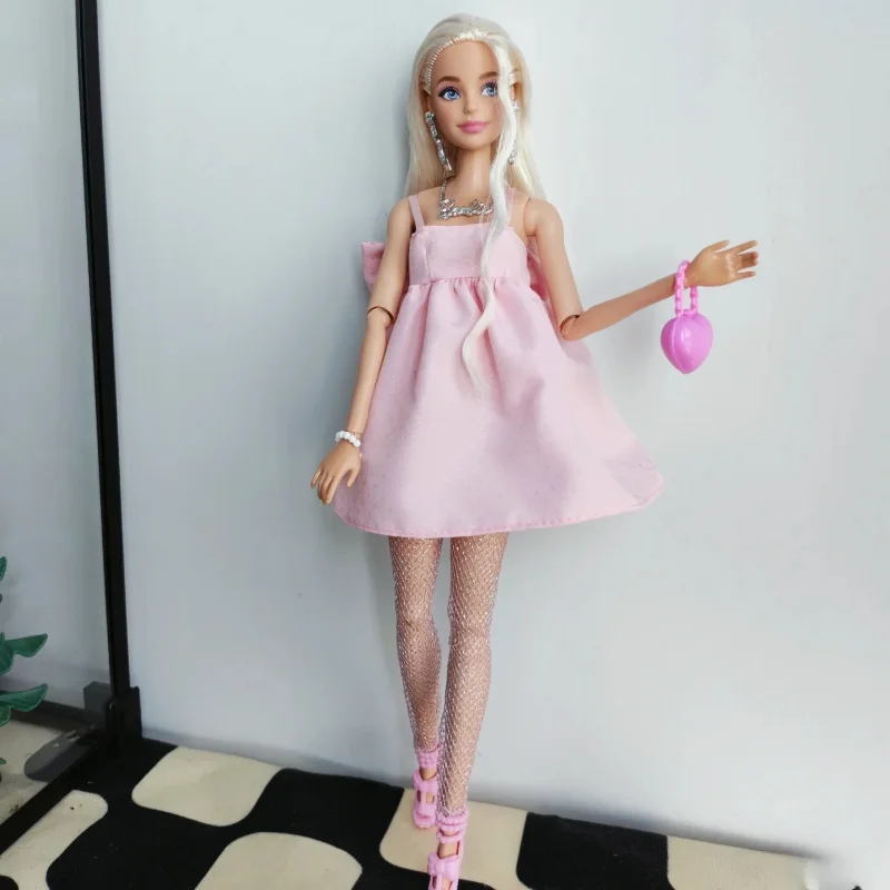 Genuine Barbie Deluxe Style Dolls Pink Dress Outfit Blond Hair Knot Bow Accessories Mesh Tights Toys For Girls Sweet Gift