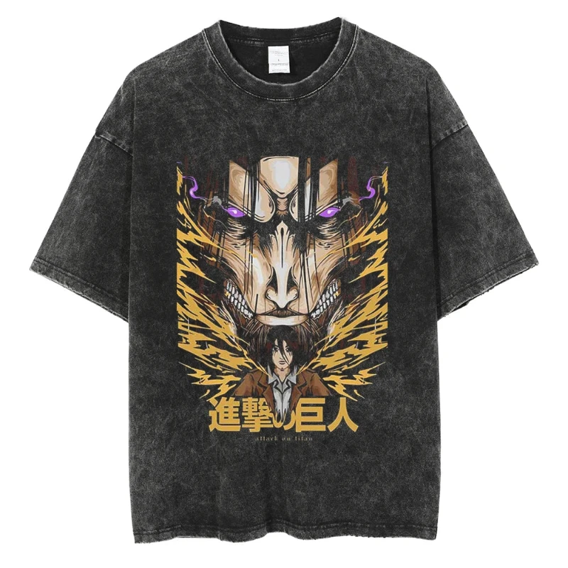 

Attack on The Giant Anime Joint Official T-shirt Washed Old Retro Pure Cotton Fashion High Street Trend Unisex Y2K Harajuku
