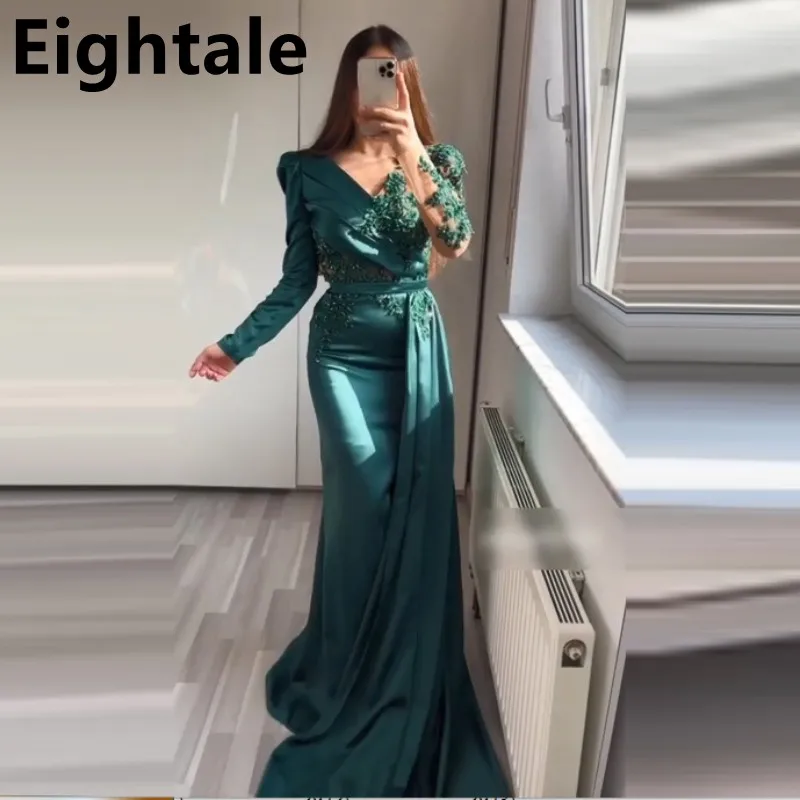 

Emerald Green Mermaid Satin Evening Dress For Wedding Party Long Sleeve Appliques Sexy Lace Beaded Prom Dress Formal Party Gown