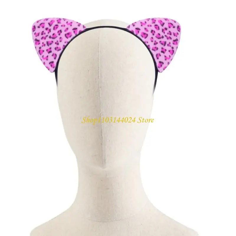 N5KE Leopard Pattern Cats Ear Hairhoop Music Festival Props Offer Event Event