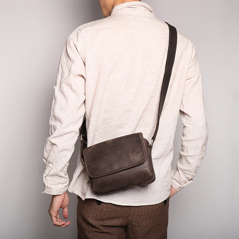 Real Leather Men's Shoulder Bag Vintage Daily Zipper Flap Phone Bag Man Simple Bag Crazy Horse Leather Retro Sling Ba