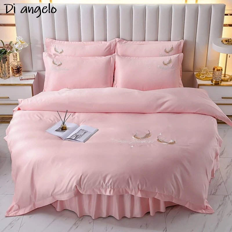 Round Bed Embroidery 4pcs Bedding Set Washed Easy Bed Linen Duvet Cover Pink Designer Twin Bedding Set Luxury Beds Cover Sets#sw