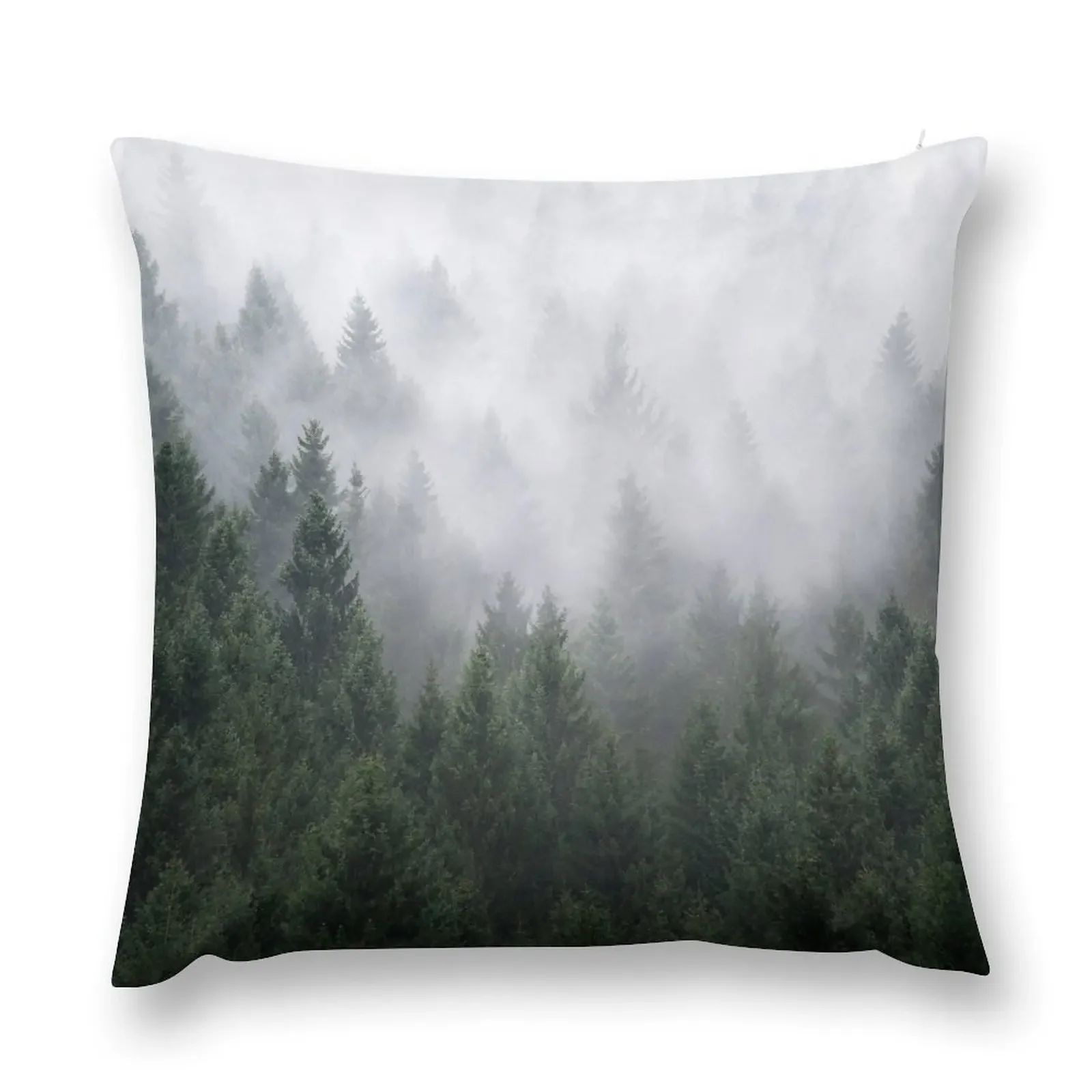 Home Is A Feeling // Misty Retro Fall Wilderness Fairytale Evergreen Forest With Trees Covered In Magic Fog Season Throw Pillow