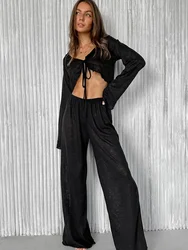 Wolfeel New Women's Summer Loose Casual Long Sleeved Pants Set Comfortable Fashion Home Clothes Solid Color Basic Pajamas Set