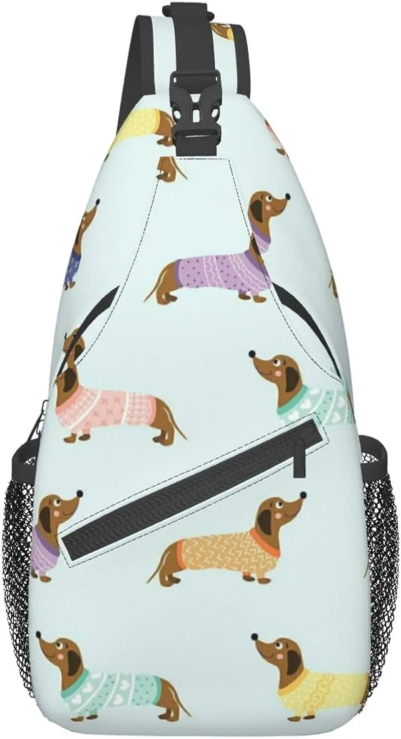 Sling Backpack Travel Hiking Bag Dachshund Dog Vintage Flower Pattern Rope Crossbody Shoulder Bag Polyester Unisex Casual