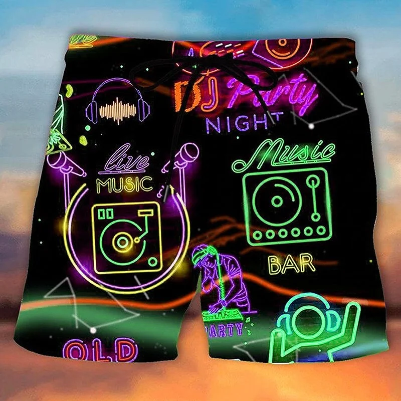 3D Printed Neon DJ Flamingo Short Pants For Men Fun Colorful Pattern Beach Shorts Summer Hawaiian Board Shorts Kids Swim Trunks